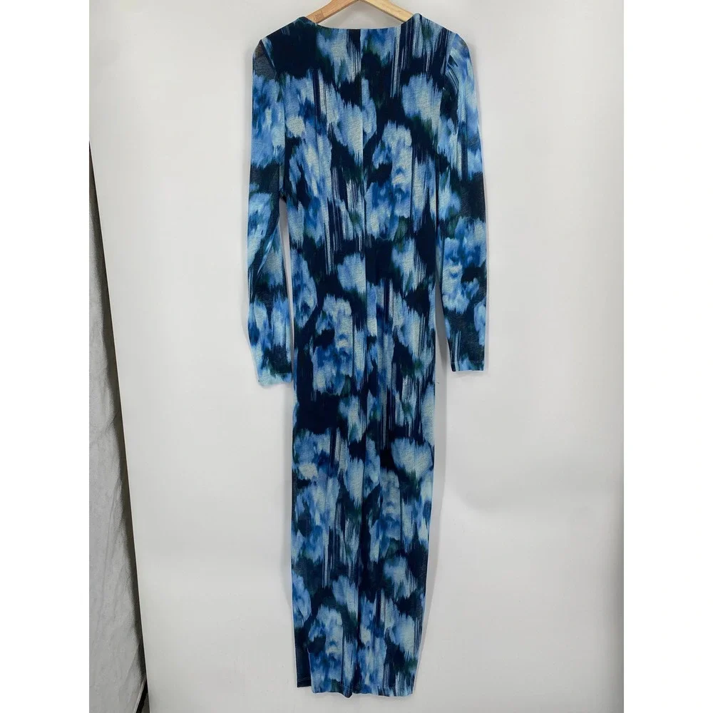 Abercrombie & Fitch Maxi Dress Womens XLT Blue Abstract Mesh Ruched Long Sleeve